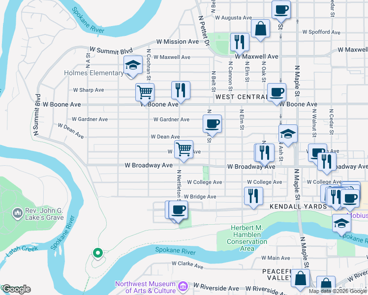 map of restaurants, bars, coffee shops, grocery stores, and more near 2224 West Mallon Avenue in Spokane