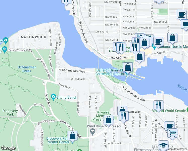 map of restaurants, bars, coffee shops, grocery stores, and more near 3522 West Lawton Circle in Seattle