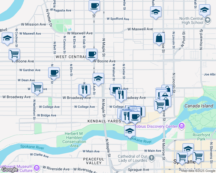 map of restaurants, bars, coffee shops, grocery stores, and more near 1518 West Mallon Avenue in Spokane