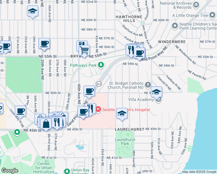 map of restaurants, bars, coffee shops, grocery stores, and more near 5014 44th Avenue Northeast in Seattle