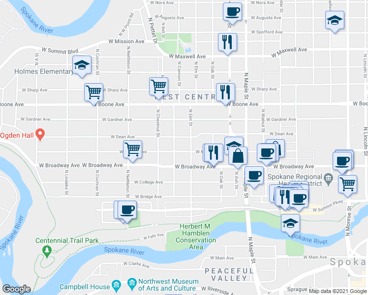 map of restaurants, bars, coffee shops, grocery stores, and more near 1912 West Mallon Avenue in Spokane