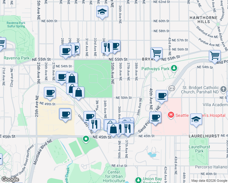 map of restaurants, bars, coffee shops, grocery stores, and more near 5020 35th Avenue Northeast in Seattle