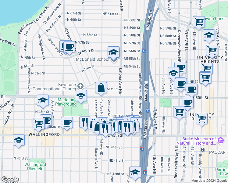 map of restaurants, bars, coffee shops, grocery stores, and more near 141 Northeast 51st Street in Seattle