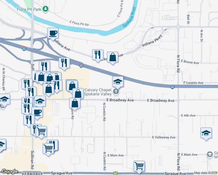 map of restaurants, bars, coffee shops, grocery stores, and more near 16301 East Broadway Avenue in Spokane Valley