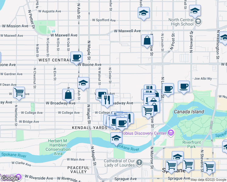 map of restaurants, bars, coffee shops, grocery stores, and more near in Spokane