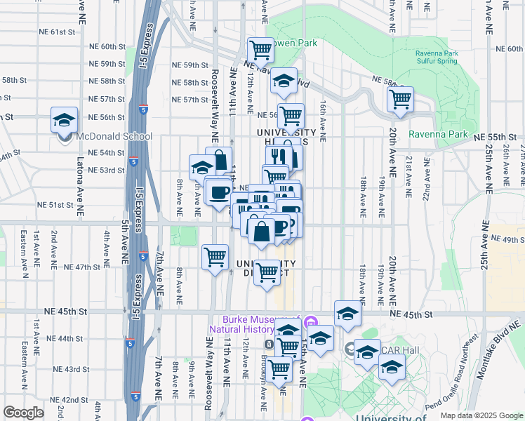 map of restaurants, bars, coffee shops, grocery stores, and more near 5021 Brooklyn Avenue Northeast in Seattle