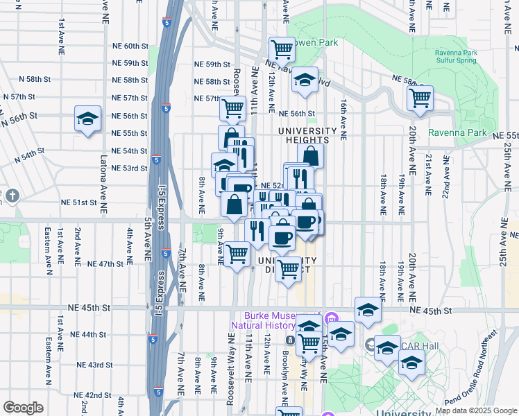 map of restaurants, bars, coffee shops, grocery stores, and more near 5018 11th Avenue Northeast in Seattle