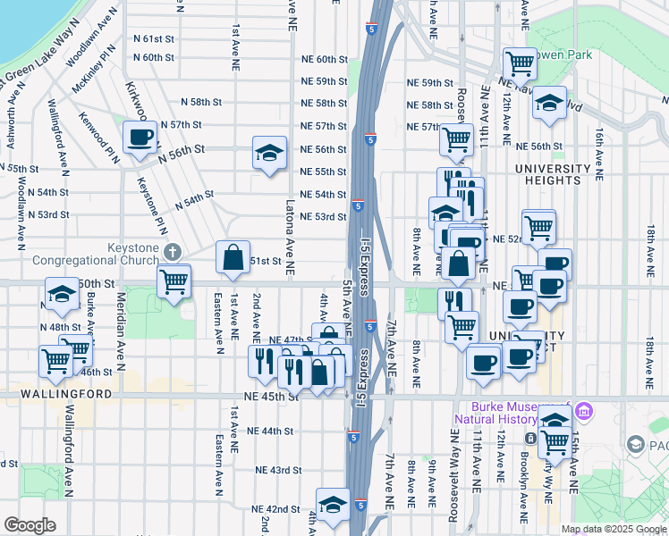 map of restaurants, bars, coffee shops, grocery stores, and more near 349 Northeast 51st Street in Seattle