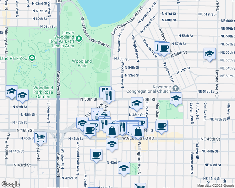 map of restaurants, bars, coffee shops, grocery stores, and more near 5014 Woodlawn Avenue North in Seattle