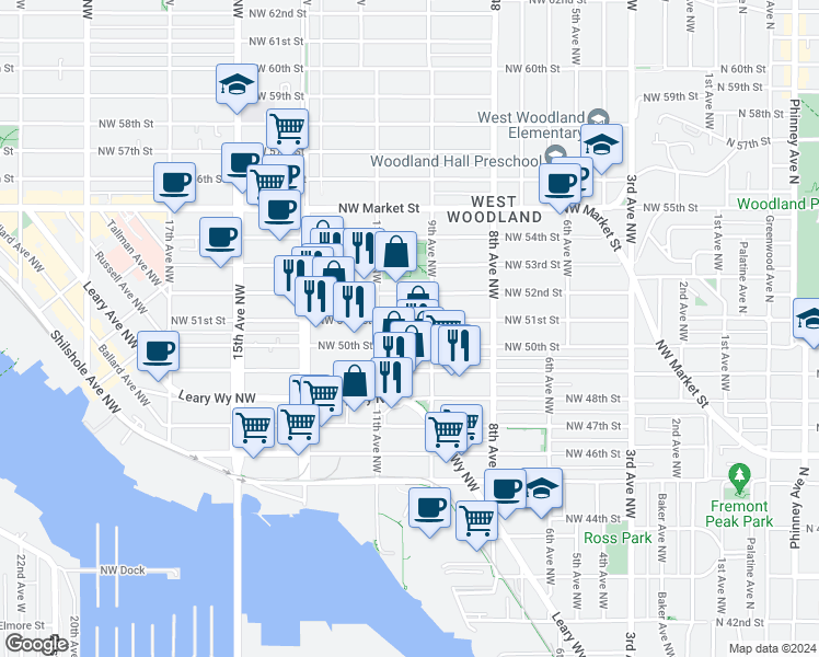map of restaurants, bars, coffee shops, grocery stores, and more near 929 Northwest 51st Street in Seattle