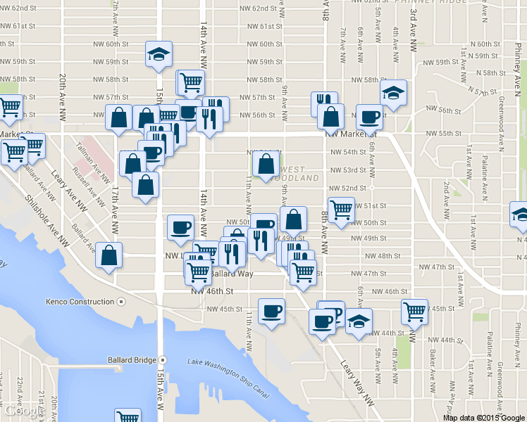 map of restaurants, bars, coffee shops, grocery stores, and more near 929 Northwest 51st Street in Seattle