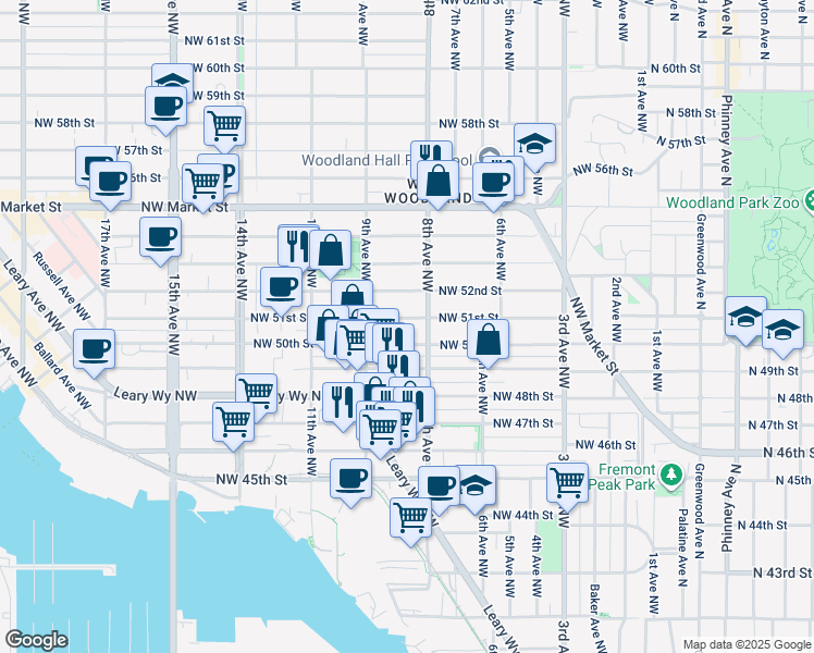 map of restaurants, bars, coffee shops, grocery stores, and more near 815 Northwest 51st Street in Seattle