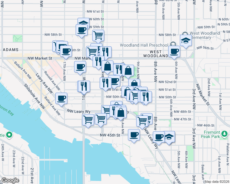 map of restaurants, bars, coffee shops, grocery stores, and more near 1115 Northwest 51st Street in Seattle