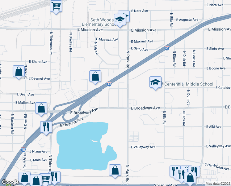 map of restaurants, bars, coffee shops, grocery stores, and more near 915 North Bowman Road in Spokane Valley