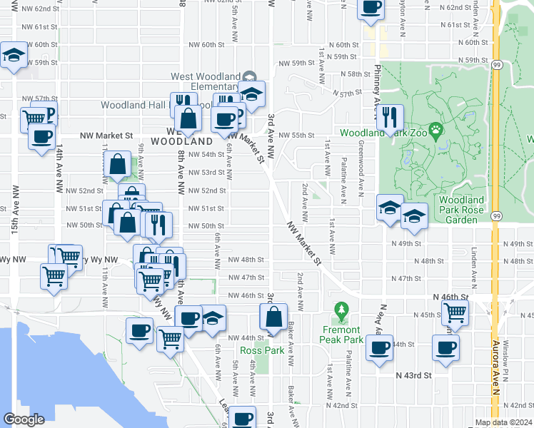 map of restaurants, bars, coffee shops, grocery stores, and more near 5015 3rd Avenue Northwest in Seattle