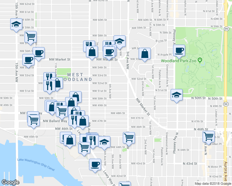 map of restaurants, bars, coffee shops, grocery stores, and more near 341 Northwest 51st Street in Seattle
