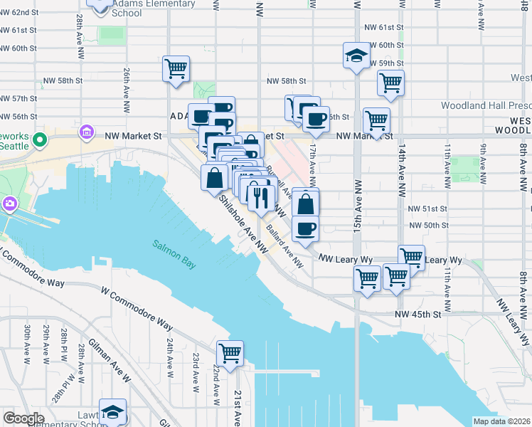 map of restaurants, bars, coffee shops, grocery stores, and more near 5140 Ballard Avenue Northwest in Seattle