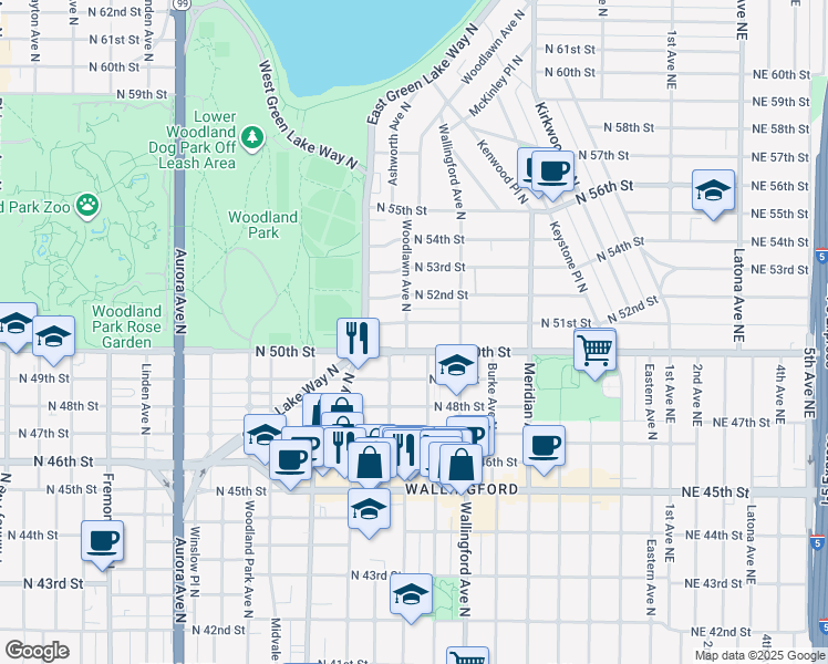 map of restaurants, bars, coffee shops, grocery stores, and more near 5014 Woodlawn Avenue North in Seattle