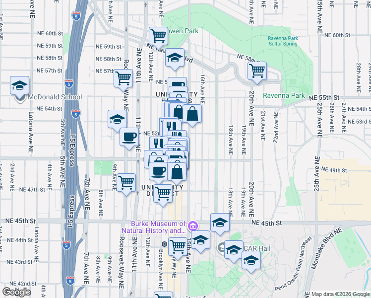 map of restaurants, bars, coffee shops, grocery stores, and more near 5017 15th Avenue Northeast in Seattle