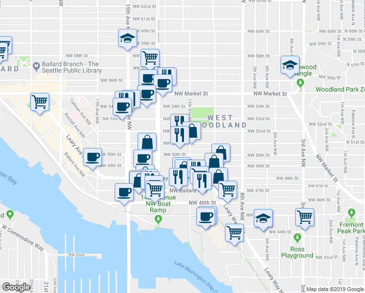 map of restaurants, bars, coffee shops, grocery stores, and more near 1115 Northwest 51st Street in Seattle