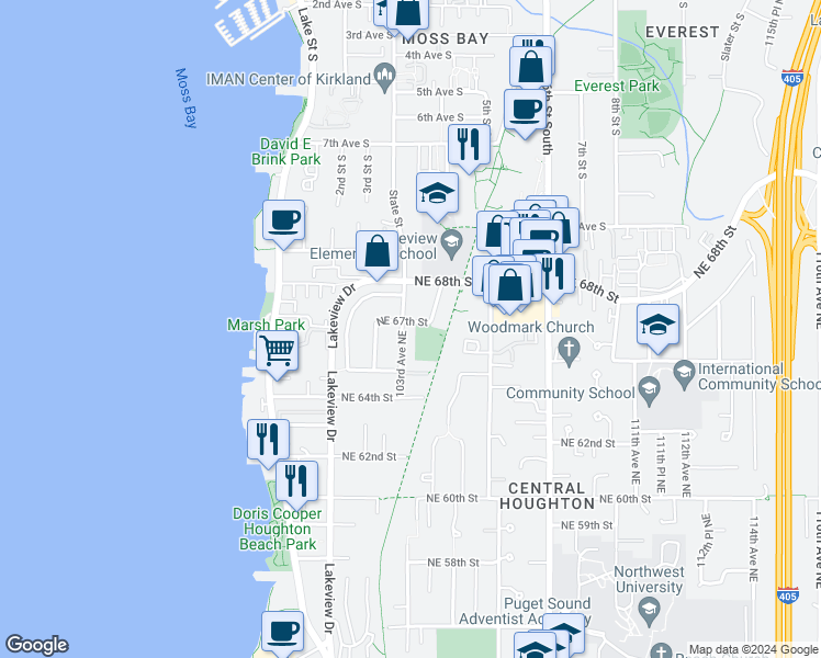 map of restaurants, bars, coffee shops, grocery stores, and more near 10305 Northeast 67th Street in Kirkland