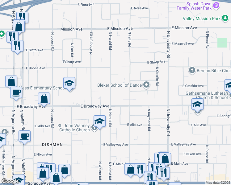 map of restaurants, bars, coffee shops, grocery stores, and more near 910 North Herald Road in Spokane Valley