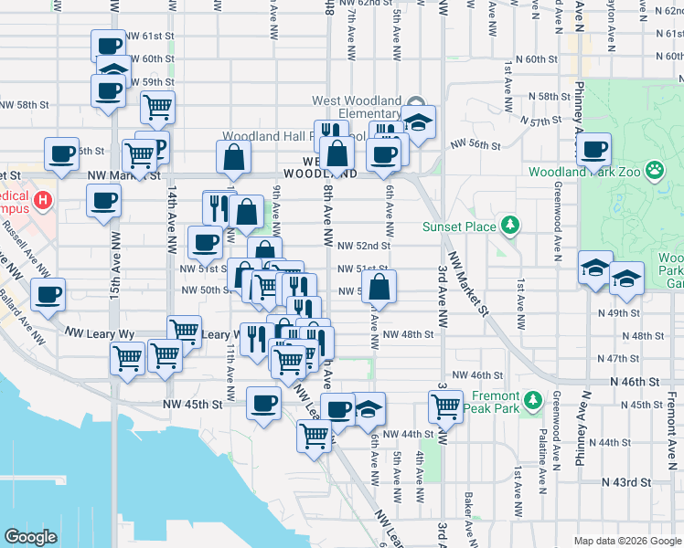 map of restaurants, bars, coffee shops, grocery stores, and more near 651 Northwest 51st Street in Seattle