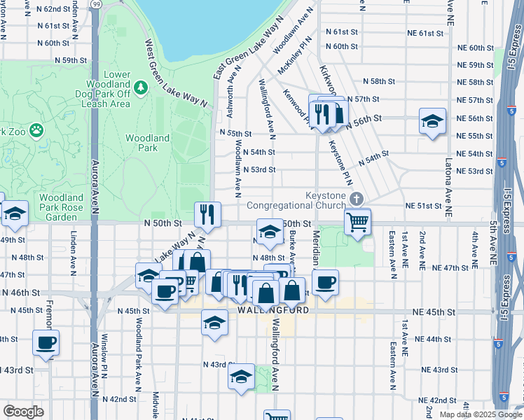 map of restaurants, bars, coffee shops, grocery stores, and more near 1631 North 51st Street in Seattle