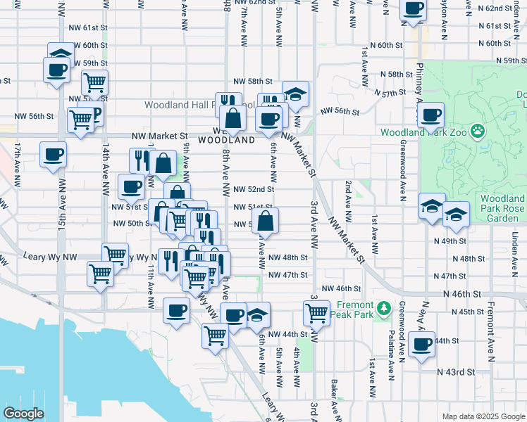 map of restaurants, bars, coffee shops, grocery stores, and more near 613 Northwest 51st Street in Seattle