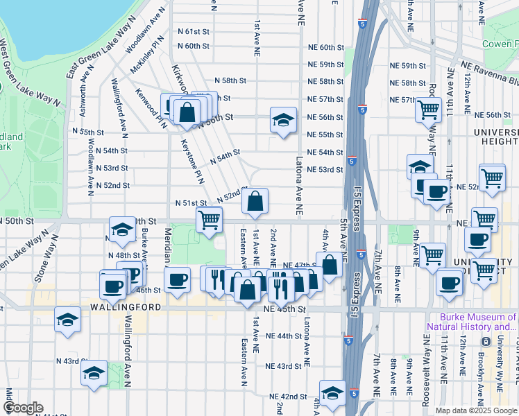 map of restaurants, bars, coffee shops, grocery stores, and more near 101 Northeast 51st Street in Seattle