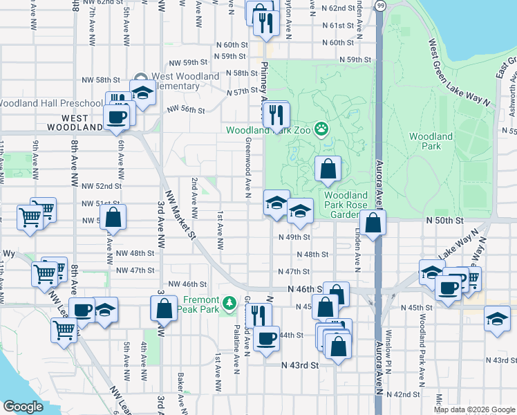 map of restaurants, bars, coffee shops, grocery stores, and more near 5014 Greenwood Avenue North in Seattle