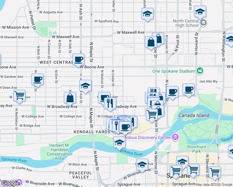 map of restaurants, bars, coffee shops, grocery stores, and more near 1314 West Mallon Avenue in Spokane