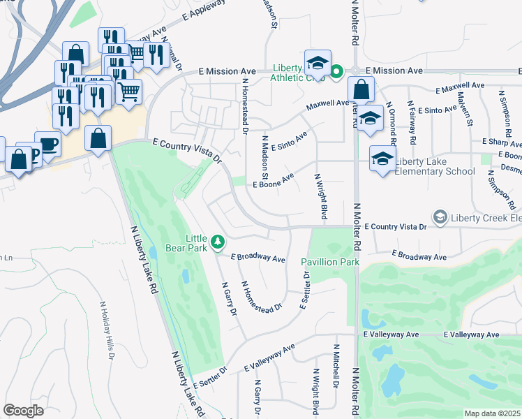 map of restaurants, bars, coffee shops, grocery stores, and more near 1000 North Homestead Drive in Liberty Lake