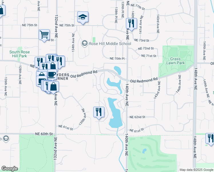 map of restaurants, bars, coffee shops, grocery stores, and more near 6667 138th Avenue Northeast in Redmond