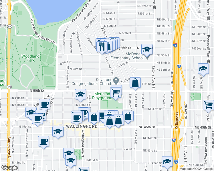 map of restaurants, bars, coffee shops, grocery stores, and more near 2125 North 51st Street in Seattle