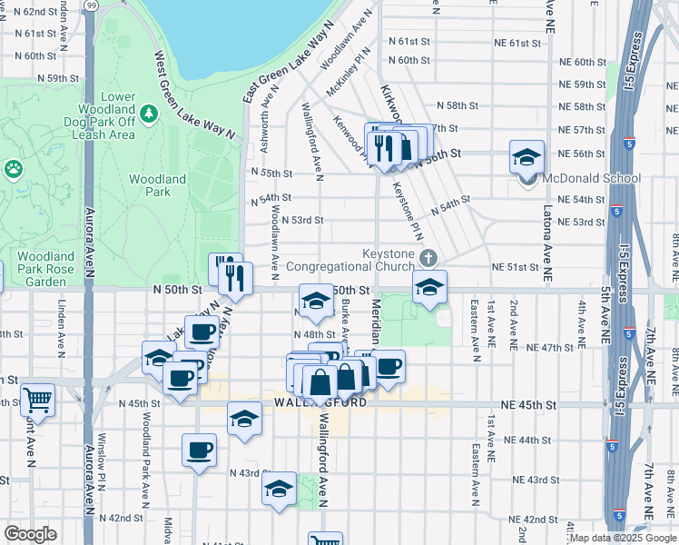 map of restaurants, bars, coffee shops, grocery stores, and more near 1819 North 51st Street in Seattle