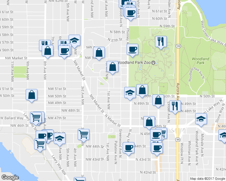 map of restaurants, bars, coffee shops, grocery stores, and more near 113 North 51st Street in Seattle