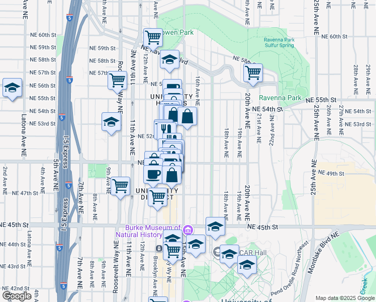 map of restaurants, bars, coffee shops, grocery stores, and more near 5018 16th Avenue Northeast in Seattle