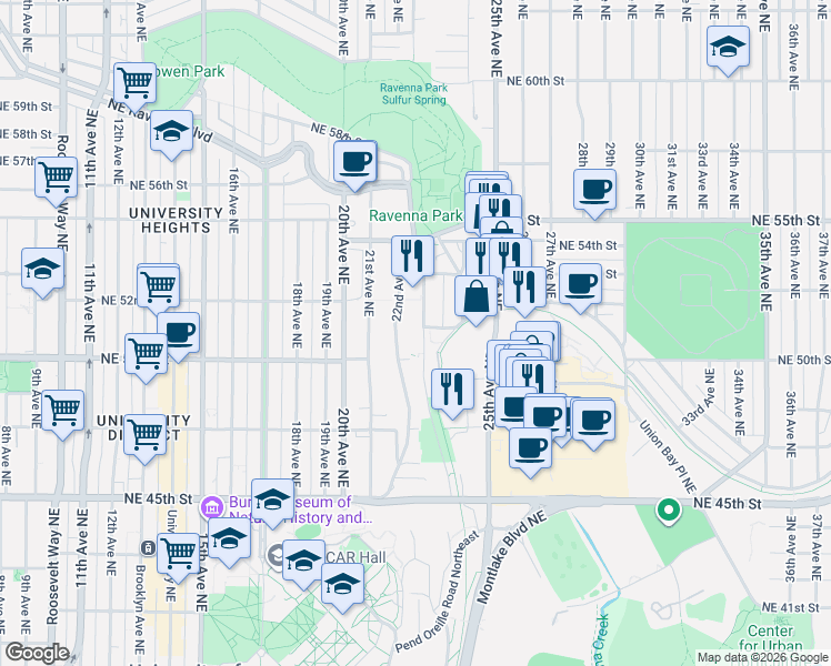 map of restaurants, bars, coffee shops, grocery stores, and more near 5020 22nd Avenue Northeast in Seattle
