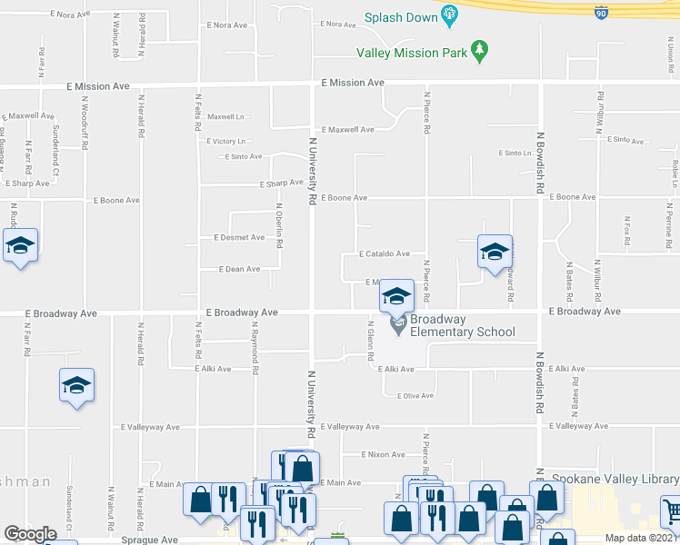 map of restaurants, bars, coffee shops, grocery stores, and more near 909 North Van Marter Road in Spokane Valley