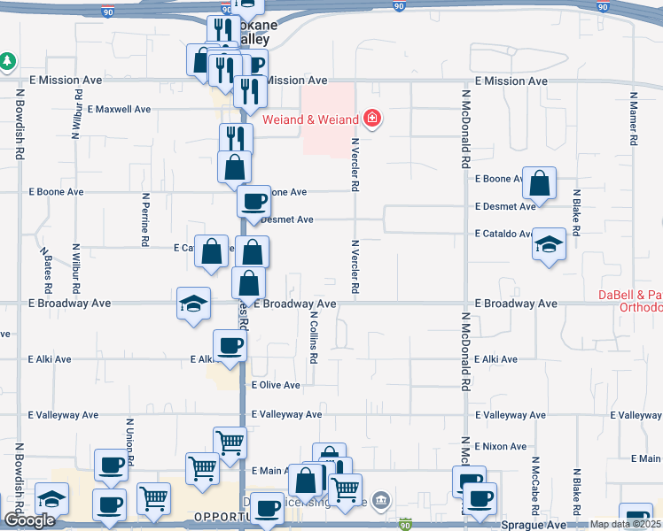 map of restaurants, bars, coffee shops, grocery stores, and more near 12623 East Broadway Avenue in Spokane Valley