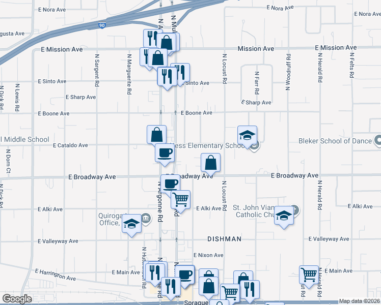 map of restaurants, bars, coffee shops, grocery stores, and more near 9212 East Cataldo Avenue in Spokane Valley