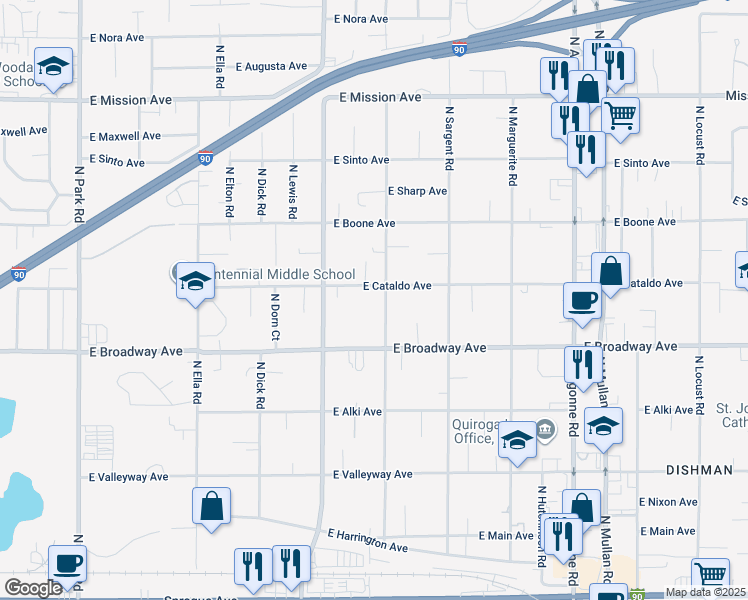map of restaurants, bars, coffee shops, grocery stores, and more near 917 North Bessie Road in Spokane Valley