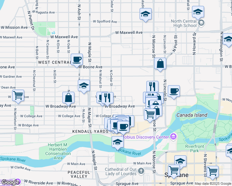 map of restaurants, bars, coffee shops, grocery stores, and more near in Spokane