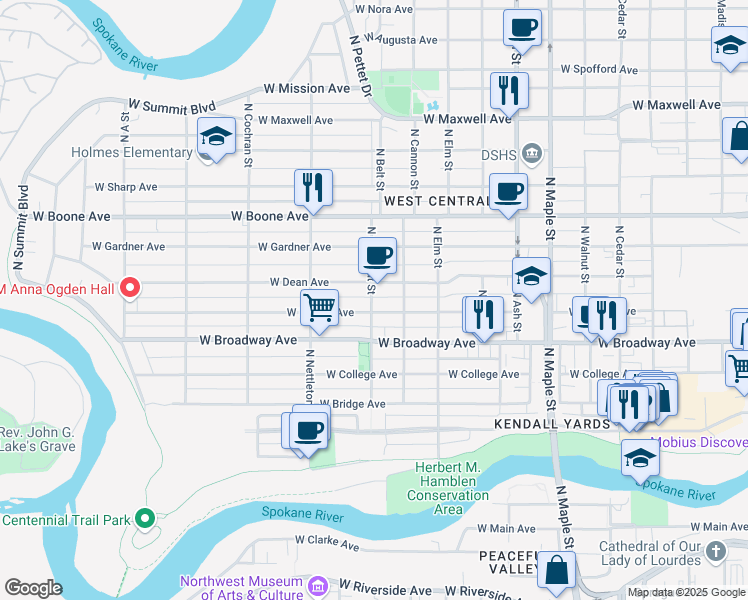 map of restaurants, bars, coffee shops, grocery stores, and more near 2014 West Mallon Avenue in Spokane