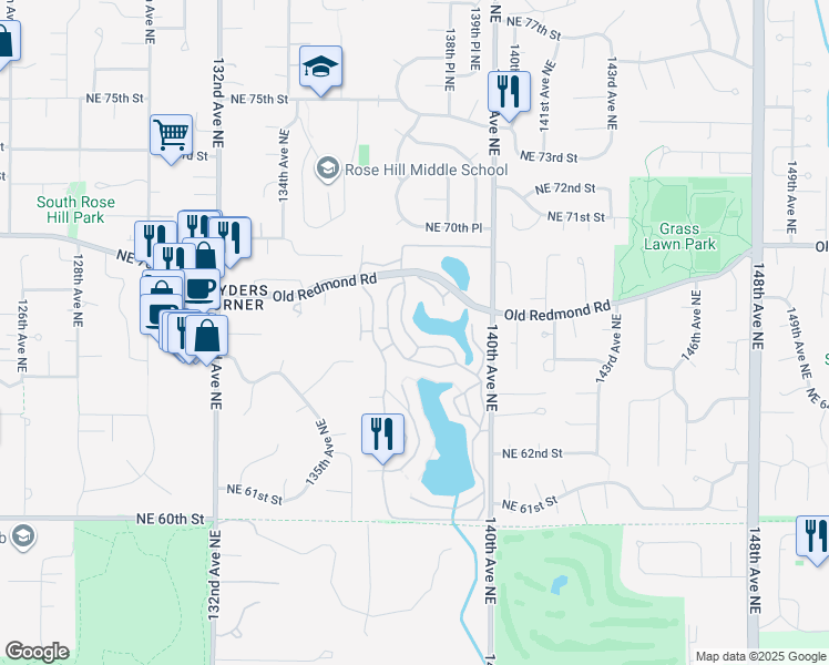 map of restaurants, bars, coffee shops, grocery stores, and more near 6667 138th Avenue Northeast in Redmond