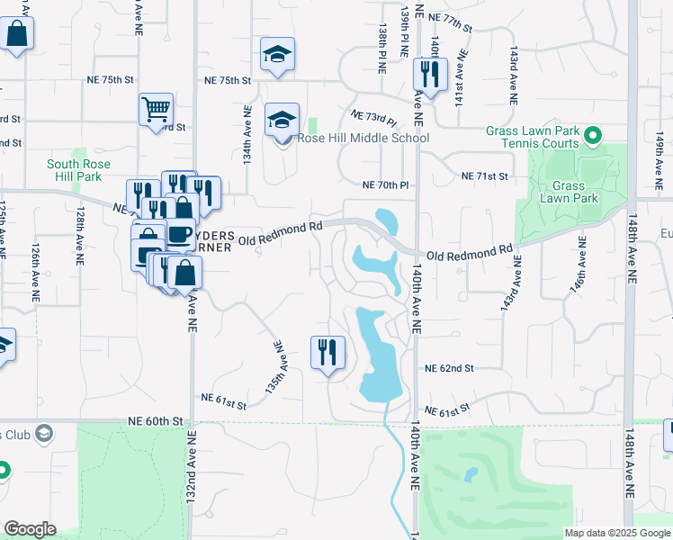 map of restaurants, bars, coffee shops, grocery stores, and more near 6667 138th Avenue Northeast in Redmond