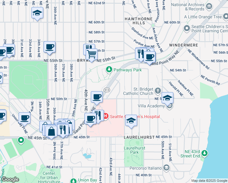 map of restaurants, bars, coffee shops, grocery stores, and more near 5021 Sand Point Place Northeast in Seattle