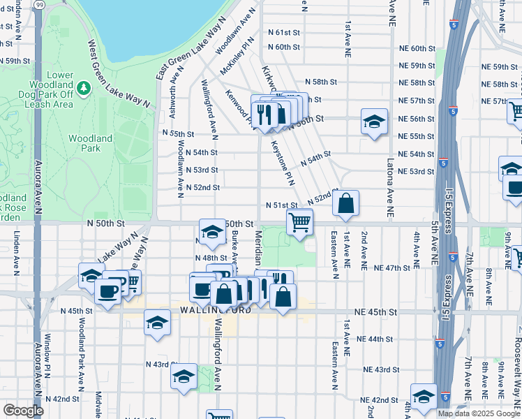 map of restaurants, bars, coffee shops, grocery stores, and more near 4919 Meridian Avenue North in Seattle