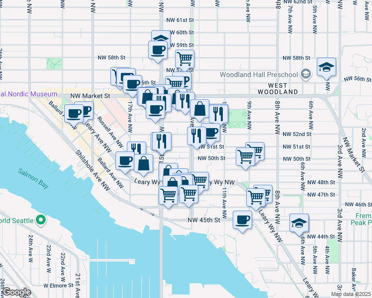 map of restaurants, bars, coffee shops, grocery stores, and more near 1417 Northwest 51st Street in Seattle